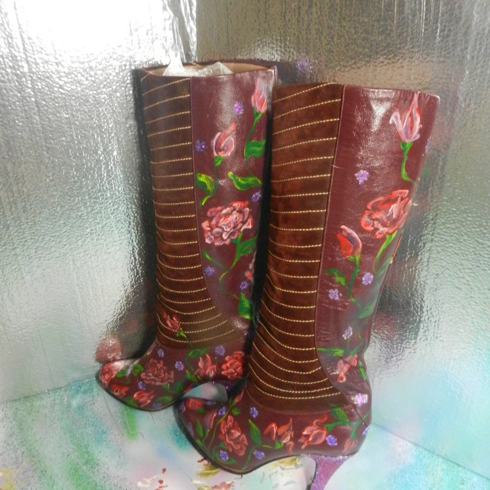 VTG OOAK floral suede boots Never Promised You a Rose Garden burgundy leather - Picture 6 of 16